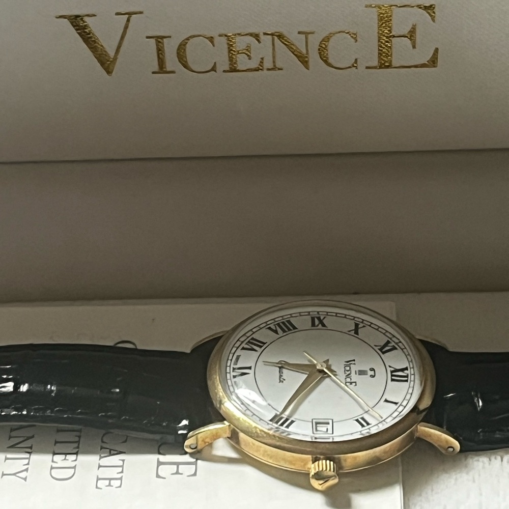 Vicence 14K Gold Women’s Watch – Swiss Quartz, Roman Dial, Leather Strap